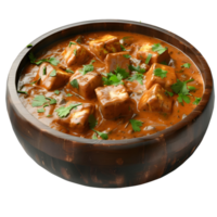 Spicy Indian paneer curry in a black bowl isolated on transparent background png