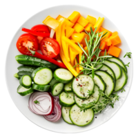 Sliced vegetables including cucumbers, tomatoes, and bell peppers isolated on transparent background png