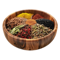 Assorted spices in a wooden bowl isolated on transparent background png