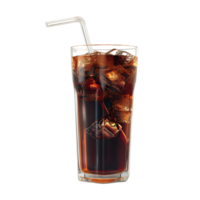 Refreshing glass of brown flavored cold drink with ice cubes and a white straw isolated on transparent background png