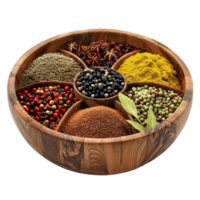 Rustic wooden bowl filled with colorful aromatic spices isolated on transparent background png