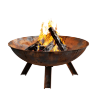 Modern black fire pit with flames and embers glowing isolated on transparent background png