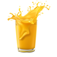 Bright yellow orange juice splashing dynamically in a tall glass isolated on transparent background png