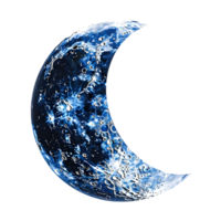Glowing crescent moon with deep blue cosmic texture and stars isolated on transparent background png