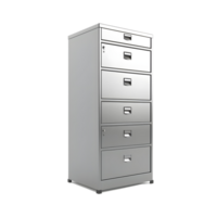 Tall metal filing cabinet with multiple drawers and secure handles isolated on transparent background png