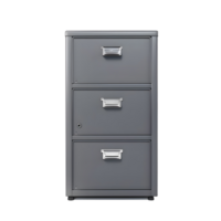 Metallic gray three-drawer filing cabinet with a sleek industrial design isolated on transparent background png