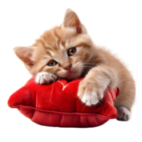 Cute ginger kitten holding a red heart pillow with tiny paws isolated on transparent background png