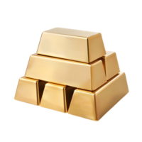Stack of shiny gold bars with reflective surfaces arranged in a pyramid isolated on transparent background png