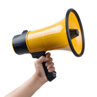 Hand holding a bright yellow megaphone with black grip and speaker isolated on transparent background png