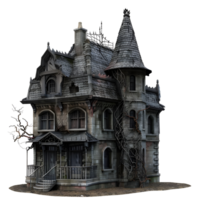 Spooky old haunted house with dark, twisted trees and an eerie atmosphere isolated on transparent background png