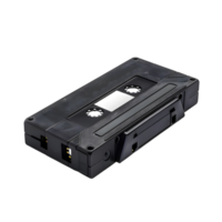 Vintage black VHS cassette tape with spools visible through the case isolated on transparent background png