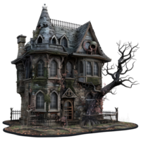 Abandoned haunted mansion with eerie broken windows and gothic architecture isolated on transparent background png