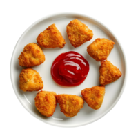Plate of crispy golden chicken nuggets arranged around a cup of ketchup isolated on transparent background png