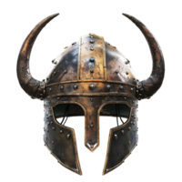 Ancient Viking helmet with metal plating, intricate engravings, and curved horns isolated on transparent background png