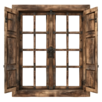 Rustic wooden window frame with aged texture and multiple glass panes isolated on transparent background png