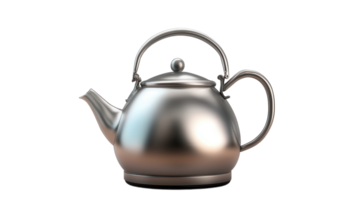 A shiny stainless steel kettle with a curved spout and a comfortable handle resting on a white background. png