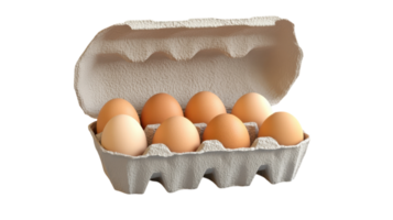 Fresh brown eggs neatly arranged in an open cardboard carton on a clean surface for cooking or baking use. png