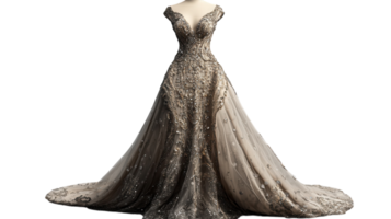 elegante tarde vestido com intrincado beadwork exibido em uma manequim contra uma transparente fundo. png