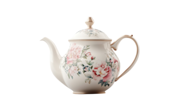 A vintage floral teapot with intricate designs, gracefully resting on a neutral background, ideal for tea gatherings and decoration. png