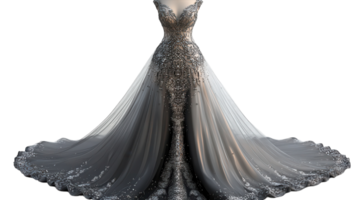 Elegant evening gown with intricate details displayed on a mannequin against a transparent backdrop. png