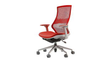 Ergonomic office chair with a red mesh back and seat on a white background designed for comfort and support in modern workspaces. png