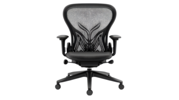 Ergonomic office chair with mesh design and adjustable features set against a transparent background. png