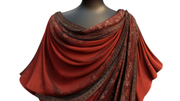 Elegant draped fabric in rich red tones displayed against a neutral background with intricate patterns highlighting its texture and design. png