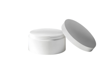A white cosmetic cream jar with a lid partially open against a simple background, showcasing its smooth surface and minimalist design. png