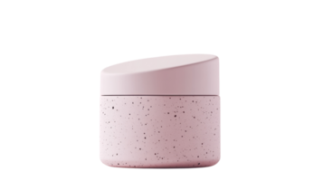 A pink speckled skincare jar with a smooth white lid sits against a transparent background, showcasing modern cosmetic design elements. png