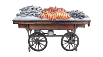 Fresh seafood market cart displaying a variety of fish and shellfish on ice during a sunny day. png