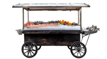 A seafood cart loaded with fresh fish and shellfish displayed on ice in a bustling market setting. png