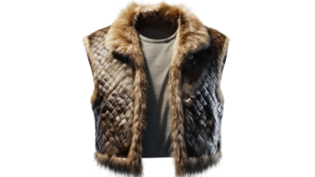 Stylish sleeveless fur vest displayed against a transparent background, showcasing unique quilted fabric and fur detailing. png