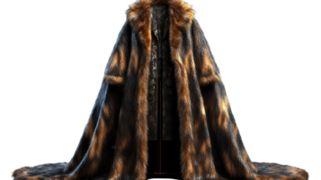A luxurious faux fur coat with a vibrant animal print draped elegantly on a mannequin, showcasing its design and texture. png