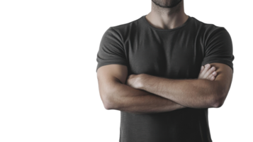 Man with crossed arms standing confidently in casual attire against a plain white background, showcasing a relaxed yet determined demeanor png