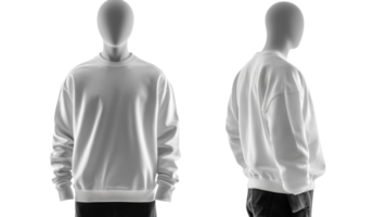 Display of a plain white sweatshirt on a mannequin from multiple angles in a minimalist studio setting png