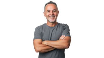 Man smiling with arms crossed wearing a gray t-shirt in a bright setting with a neutral background png