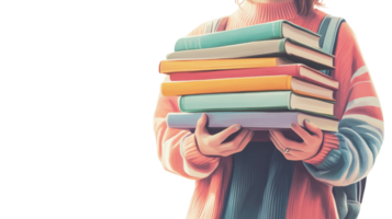 Student carries a stack of colorful books while wearing a cozy sweater in a bright environment png