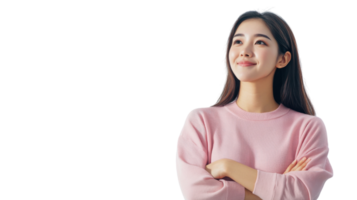 Smiling woman in pink sweater expressing positivity and confidence while looking upward in a bright setting png