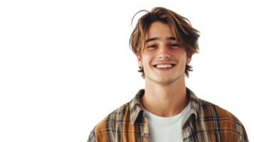 Young man with a cheerful smile wearing a flannel shirt in a bright setting png