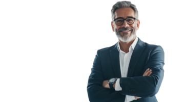 Confident businessman in formal attire crossing arms and smiling against a plain background during a bright morning png