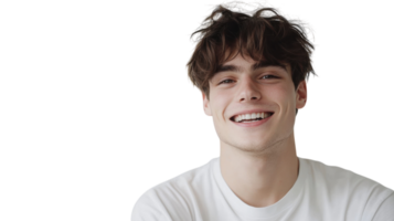Young man with a bright smile poses against a plain background during a casual indoor moment, showcasing friendly expression and relaxed demeanor png