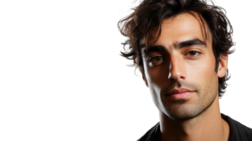Young man with dark hair and an intense expression poses against a plain background in a studio setting png