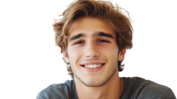 Young man smiles warmly, showcasing a friendly and inviting demeanor with soft lighting in a neutral setting png