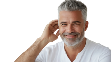 Smiling man with gray hair and beard, casual attire in a bright setting enjoying a moment of joy png