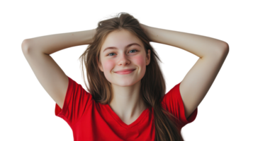Young woman smiling with hands in hair, showcasing confidence and joy in a bright, simple setting png