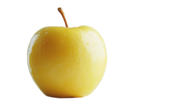 Fresh yellow apple standing upright on a clean white surface with water droplets visible png