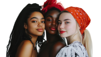 Diverse group of three women posing together in a vibrant and colorful portrait in natural light png