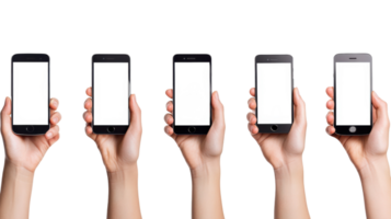 Multiple hands displaying various smartphones in a studio setting during daylight hours png