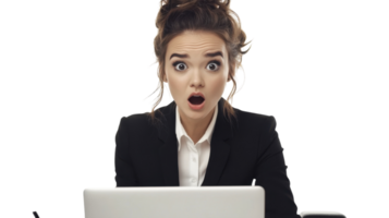 Woman in business attire reacts with shock while working on a laptop in a bright, minimalistic setting png