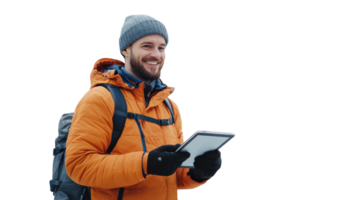 Man with a tablet smiles in snowy mountains during a bright winter day png